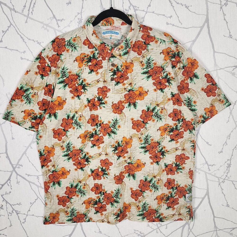 Margaritaville Hibiscus Floral Tropical Print 100% Cotton Polo Shirt